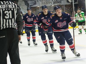 The Regina Pats, shown celebrating a goal by Riley Krane, front, haven't been able to generate much offence in the early stages of the 2019-20 WHL season.