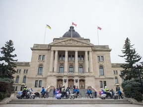 A convoy of cyclists taking part in the 4th edition of the Saskatchewan Police Memorial Ride to Remember arrive at the Saskatchewan Legislative Building. The ride consists of over 30 police and peace officers from across the province riding their bicycles over 450 km to Regina to honour their colleagues who have died.