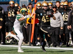 Reilly Gordon of the University of Manitoba Bisons returns an interception 32 yards against the University of Regina Rams in Canada West football action Saturday in Winnipeg. Gordon is being pursued by the Rams' Riley Boersma.