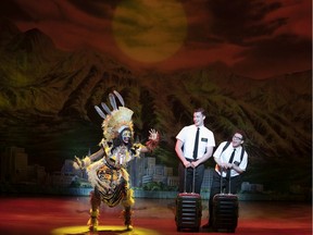 Liam Tobin (centre) is Elder Price in the North American touring show of The Book of Mormon, pictured in a scene with Monica L. Patton (left) and Jordan Matthew Brown. The show comes to Regina Sept. 25-29, 2019.