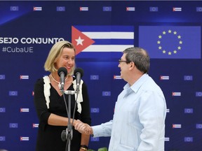European Union Foreign Policy Chief Federica Mogherini shakes hands with Cuba's Foreign Minister Bruno Rodriguez after a joint news conference in Havana, Cuba, September 9, 2019.