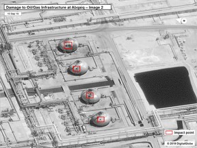 A satellite image shows damage to oil/gas Saudi Aramco infrastructure at Abqaiq, in Saudi Arabia in this handout picture released by the U.S Government September 15, 2019. (U.S. Government/DigitalGlobe/Handout via REUTERS)