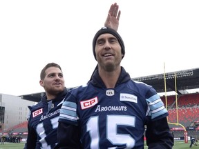 Cody Fajardo, left, and Ricky Ray — shown during Grey Cup week in 2017 — became close friends during two-plus seasons as teammates with the Toronto Argonauts.