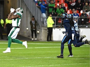 The Saskatchewan Roughriders' Manny Arceneaux catches a 55-yard touchdown pass Saturday against the Toronto Argonauts.