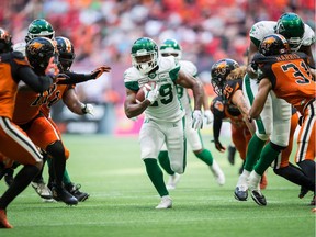 The Saskatchewan Roughriders' William Powell is shown during a three-touchdown game against the B.C. Lions on July 27. Most recently, he had four carries for one yard in Saturday's 35-10 loss to Winnipeg.