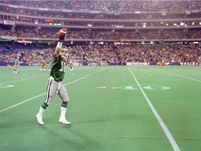 Jeff Fairholm celebrates a 75-yard touchdown during the Saskatchewan Roughriders' 1989 Grey Cup win over the Hamilton Tiger-Cats.