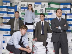 Cast of The Office: John Krasinski as Jim Halpert, Rainn Wilson as Dwight Schrute, Jenna Fischer as Pam Beesly, B.J. Novak as Ryan Howard, Steve Carell as Michael Scott.