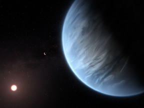 A handout artist's impression released on September 11, 2019, by ESA/Hubble shows the K2-18b super-Earth, the only super-Earth exoplanet known to host both water and temperatures that could support life. - For the first time, water has been discovered in the atmosphere of a exoplanet with Earth-like temperatures that could support life as we know it, scientists revealed on September 11, 2019.