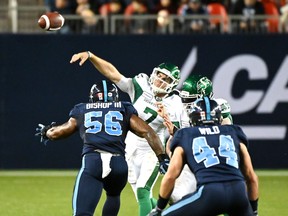 Quarterback Cody Fajardo (7) and the Saskatchewan Roughriders are headed to the playoffs after beating the Toronto Argonauts 41-16 on Saturday.