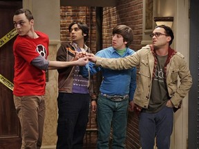 Jim Parsons, Kunal Nayyar Simon Helberg, Johnny Galecki in a scene from The Big Bang Theory.