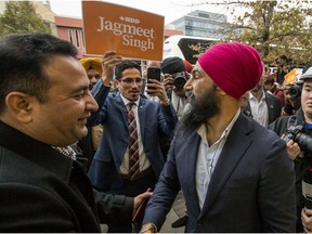 Leader of the New Democratic Party Jagmeet Singh greets supporters at a campaign rally in Saskatoon on October 4, 2019.