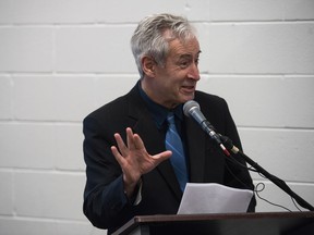 Mark Docherty, by far the province's thriftiest MLA, speaks to the press at an event in Regina earlier this year.