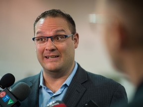 Then Saskatchewan Party MLA Warren Steinley speaks at the Gathering Place on 3rd Avenue at a media event regarding the opening of a new affordable rental housing project in August 2019.