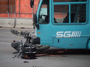 The scene of a collision between a motorcycle and a city transit bus at the corner of 12th Avenue and Albert Street on Thursday morning.