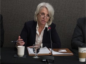 Susan Ross, CEO of the Water Security Agency, centre, speaks at a media briefing at the Travelodge on Albert Street regarding the service that will be provided by Crown corporations during a strike by unionized workers.