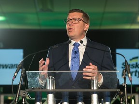 Saskatchewan Premier Scott Moe speaks during the Saskatchewan Party convention, held at the Queensbury Convention Centre.