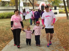 Melissa Rathgaber, her husband Joel and their two kids Gavin (left) and Hudsen (right) participate in the CIBC Run for the Cure on Sunday, Oct. 6, 2019 in Regina.