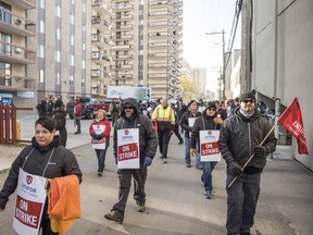 Sasktel workers on strike gather at the Sasktel customer care centre in Saskatoon, SK on Monday, October 7, 2019.