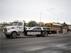 A multi-vehicle collision on the Ring Road near the Wascana Creek bridge construction site, involving a school bus and two other vehicles, caused major delays for morning commuters in Regina.