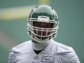 Saskatchewan Roughriders offensive tackle Thaddeus Coleman (#68) during practice at Mosaic Stadium on Wednesday.