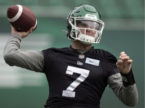 Saskatchewan Roughriders quarterback Cody Fajardo, shown in practice last week, is extracting positives from having his truck broken into on Sunday.