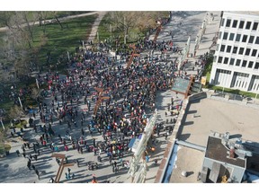 Striking Unifor members gather at City Square Plaza prior to a march past a number of Crown Corporation buildings in downtown Regina.