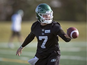 REGINA, SASK :  October 16, 2019  --   Saskatchewan Roughriders Cody Fajardo during practice at the University of Regina. TROY FLEECE / Regina Leader-Post