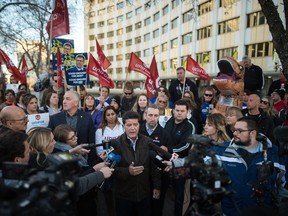 Jerry Dias, national president of Unifor, speaks to media outside the SaskPower building on Victoria Avenue regarding the union's bargaining with a number of Saskatchewan Crown corporations.