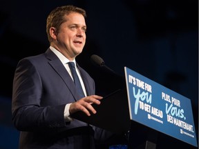 Leader of the Conservative Party of Canada Andrew Scheer to the crowd at the Conservative headquarters at the International Trade Centre at Evraz Place.