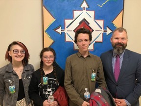 Students Alex Flett (right) Sydney Chadwich (left) and Ada Dechene (centre) are members of Fridays For Future Regina, an offshoot of a global movement sparked by Swedish teenager Greta Thunberg, which calls for action on the climate crisis. They met with Saskatchewan's Environment Minister Dustin Duncan (far right) on Tuesday. Supplied photo.