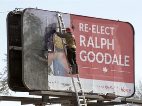 After Ralph Goodale lost the election on Oct. 21, 2019, a worker takes down his election sign on the corner of Dewdney Avenue and Park Street in Regina.
