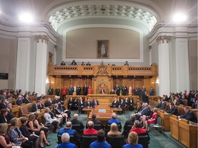 Lieutenant Governor Russ Mirasty, centre, delivers his first throne speech at the Saskatchewan Legislative Building marking the opening of the 28th Legislature. BRANDON HARDER/ Regina Leader-Post