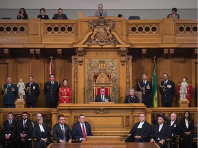 Lieutenant Governor Russ Mirasty, centre, delivers his first throne speech at the Saskatchewan Legislative Building marking the opening of the 28th Legislature.