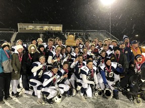 The Balgonie Greenall Griffins celebrate at Leibel Field after defeating the Balfour Bears in the Regina Intercollegiate Football League's Stewart Conference final on Monday.