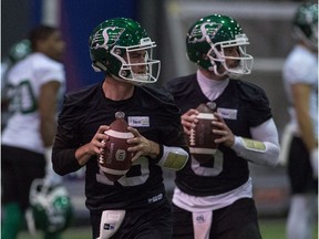 Isaac Harker, 16, and Bryan Bennett, 6, handled the throws for the Saskatchewan Roughriders during Thursday's practice, in which No. 1 pivot Cody Fajardo was unable to participate due to a pulled muscle in his back.