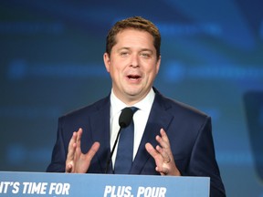 Conservative leader Andrew Scheer speaks on stage after being defeated by the Liberal Party at an election night rally in Regina, Saskatchewan on October 22, 2019.