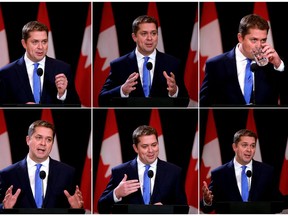 A combination picture shows Conservative leader Andrew Scheer speaking at a news conference the day after he lost the federal election to Justin Trudeau in Regina, Saskatchewan, Canada October 22, 2019. REUTERS/Todd Korol