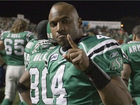 Quarterback Darian Durant celebrates on Nov. 7, 2009, when the Saskatchewan Roughriders defeated the visiting Calgary Stampeders 30-14 at Taylor Field to clinch first place in the CFL's West Division. Ten years later, the Roughriders have another opportunity to finish ahead of Calgary and claim top spot.