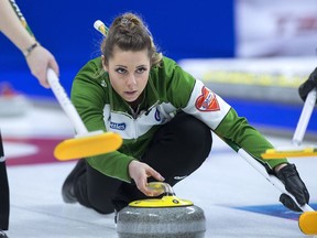 Robyn Silvernagle delivers a rock during a Scotties game against Ontario this past season.