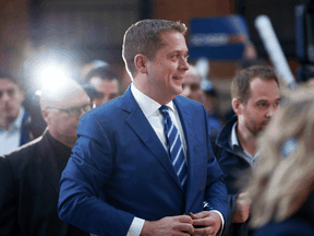 Conservative Leader Andrew Scheer arrives to the French televised debate at TVA in Montreal, Oct. 2, 2019.