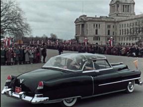 The Cadillac carrying Princess Elizabeth and Prince Philip later went to the Saskatchewan Legislature, where the royal couple were welcomed to the province by Premier Tommy Douglas. (Photo courtesy National Film Board of Canada, Royal Journey - 1951.)