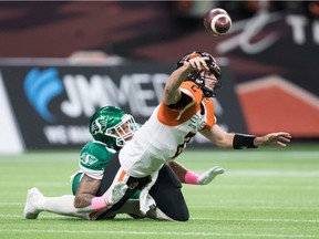 An impressive performance by Chad Geter, shown sacking B.C. Lions quarterback Danny O'Brien on Friday, helped the Saskatchewan Roughriders win 27-19 and improve their record to 11-5.