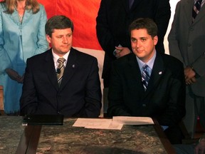 Then-Conservative Leader Stephen Harper seen with Andrew Scheer during the announcement of the Young Conservative Caucus in 2005.