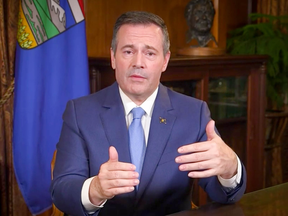 Alberta Premier Jason Kenney speaks during a televised address to Albertans before the release of the provincial budget, Oct. 23, 2019.