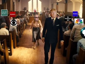 A screenshot of the video depicting U.S. President Donald Trump killing his various political opponents and media.