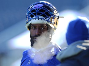 Defensive end Willie Jefferson chats on the sidelines during practice (KEVIN KING/Winnipeg Sun)