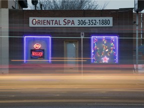 A slow shutter speed was used to capture the lights of the Oriental Spa on the 1800 block Broad Street in Regina. Adult massage parlours, also known as body rub parlours. are under review in Regina.