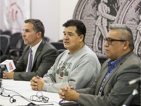 SASKATOON,SK--November 1/2019 - 9999 news indigenous education - STF President Patrick Maze, left, joined FSIN Chief Bobby Cameron, centre, and Vice Chief David Pratt in calling on all levels of government to invest more in education, especially for Indigenous students in the province. Photo taken in Saskatoon, SK on Friday, November 1, 2019.
