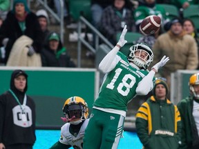 Saskatchewan Roughriders receiver Justin McInnis (18) is expected to be among the starters for Saturday's game against the Calgary Stampeders