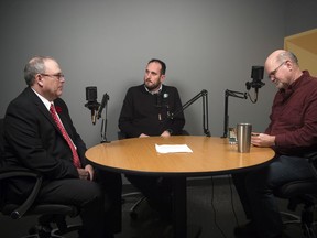 Saskatchewan Roughriders president-CEO Craig Reynolds, centre, is the special guest on the Regina Leader-Post's Rider Rumblings video podcast. Reynolds is flanked by Rob Vanstone, left, and Murray McCormick.